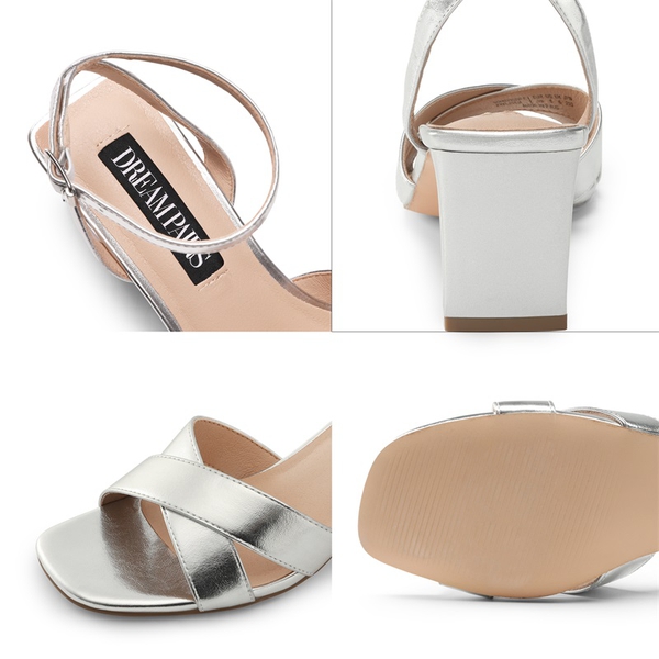 Criss Cross Ankle Strap Square Heel Sandals  - SILVER PU - 4